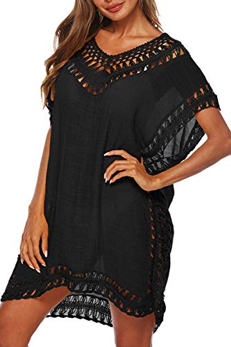 Adisputent Swimsuit Cover Ups for Women Black Chiffon Beach Wear Mesh Tassel Crochet Bathing Suits Coverups Swimwear Dress, Black