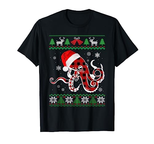 Buffalo Plaid Octopus Sweater Light Santa Xmas Christmas T-Shirt