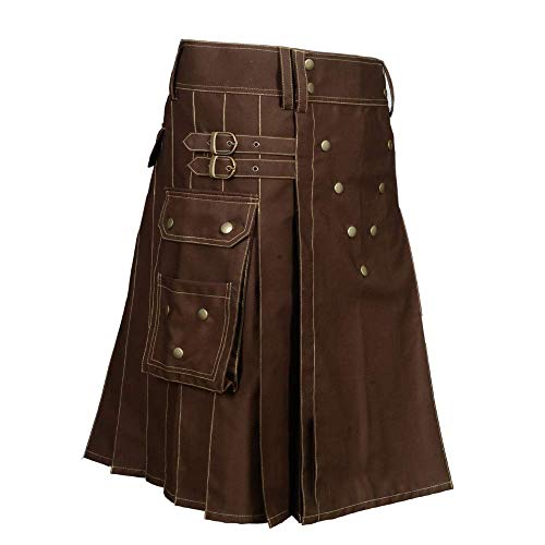 Scottish Designer Utility Kilts for Men Black Cotton Kilt Color & Size Options Available (Brown, Belly Button 34)