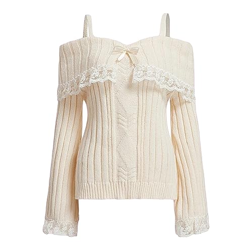 Women Off Shoulder Top Y2K Long Sleeve Lace Trim Knit Shirt Fashion Cute Solid Pullover Sweater(B-Off White Shirt,S)