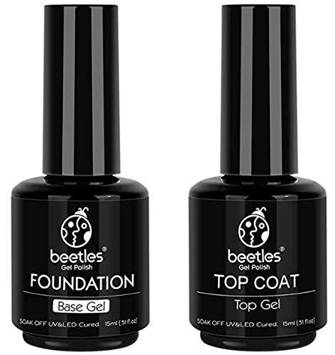 Beetles 2 Pcs 15ml No Wipe Gel Top Coat and Base Coat Set - Shine Finish and Long Lasting, Soak Off LED Nail Lamp Gel Base Top Coat Finish Nail Art Design Manicure Gifts for Women
