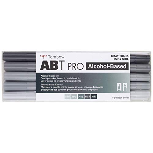 Tombow 56969 ABT PRO Alcohol Markers, Gray Tones, Set of 5 Colors – Dual Tip, Permanent Art Markers Feature Chisel and Brush Tips Perfect for Coloring, Sketching, and Creating Color Gradients