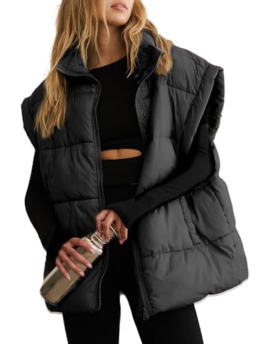 Daacee Women's Oversized Puffer Vest Lightweight Warm Cap Sleeve Puffy Bubble Outerwear Vests with Pockets(0650-Black-L)