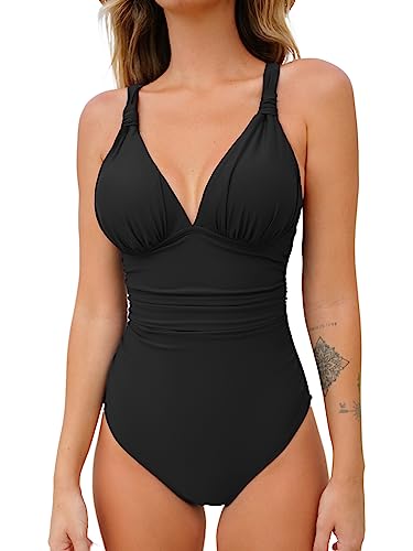 CUPSHE Women One Piece Swimsuit Deep V Neck Tummy Control Ruched V Back Classic Bathing Suits M Black