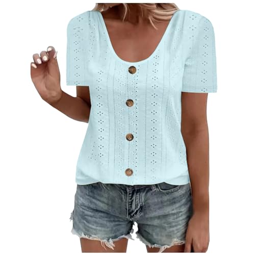 Generic Mis Pedidos Tee Shirts Womens Loose Fit Scoop Neck Short Sleeve Lace Eyelet Tops Dressy Casual Summer T Shirts Blouses with Button Decor Sky Blue, 4X-Large