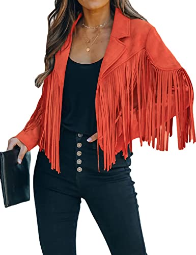 CXINS Women's Long Sleeve Fringed Leather Jacket Tassel Cropped Motor Biker Jacket Suede Leather Outwear Orange Size M
