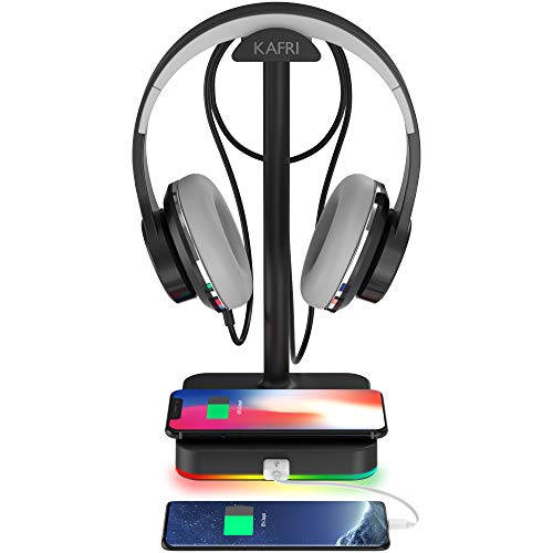 KAFRI RGB Headphone Stand with Wireless Charger Desk Gaming Headset Holder Hanger Rack with 10W/7.5W QI Charging Pad and QC 3.0 USB Port - Suitable for Gamer Desktop Table Game Earphone Accessories