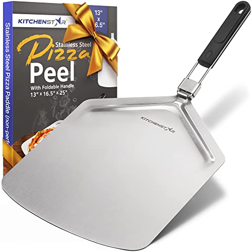 KitchenStar Stainless Steel Pizza Peel with Folding Handle (13 x 16.5 Inches) for Oven Pizza Turning, Placement and Retrieving - Professional Baking Tools Series