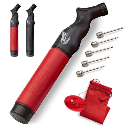 Valiant Sports Ball Pump Inflator with 5 Needles (Pin) and Pouch, Dual Action Hand Held Portable Air Pump with pins to Inflate Soccer Ball, Football, Volleyball, Rugby,Netball & Basketball (Red)