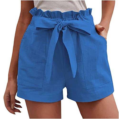 ZDRZK Shorts for Women Plus Size Denim High Waist Paperbag Shorts for Women 2023 Casual Wide Leg Summer Cotton Linen Shorts with Pockets Trendy 2023 Blue S