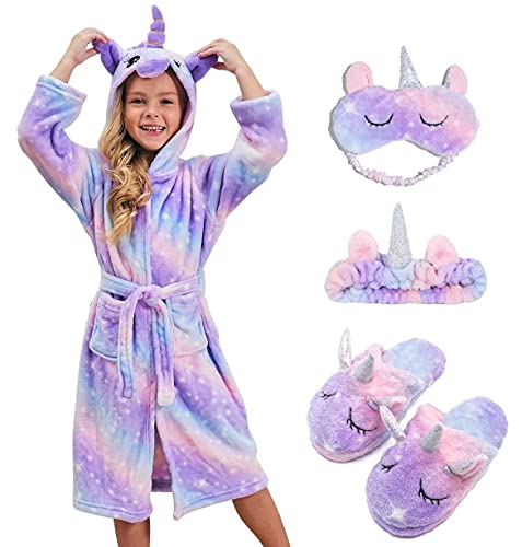 CHETOSHO Soft Unicorn Hooded Robe with Matching Slippers Headband and Blindfold for Girls - Purple Stars 7-9 Years