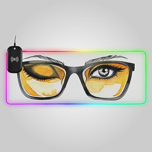 VIGTRO 15W Wireless Charging Pad, Gaming Mouse Pad 14 Light Modes RGB Beautiful Female Eye, Glamor Makeup Non-Slip Keyboard Mat for PC, Laptop 31.5x11.8in