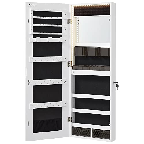 SONGMICS Mirror Jewelry Cabinet Armoire Organizer, Wall or Door Mount Storage Cabinet with Full-Length Frameless Lighted Mirror, Built-in Makeup Mirror, 2 Drawers, Lockable, White UJJC013W01