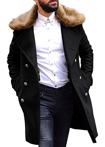 PASLTER Men's Winter Trench Overcoat Removable Faux Fur Collar Top Coat Double Breasted Business Long Pea Coat Black