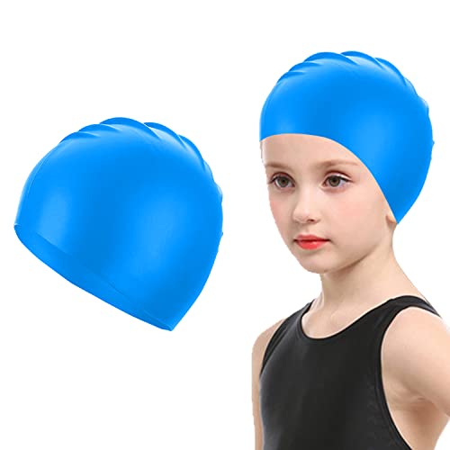 Uttpll Swim Cap Kids (Age 3-8), Durable Silicone Swimming Cap Youth Child Toddler Boys Girls Swim Caps Fit for Short/Long Hair Light Blue One Size