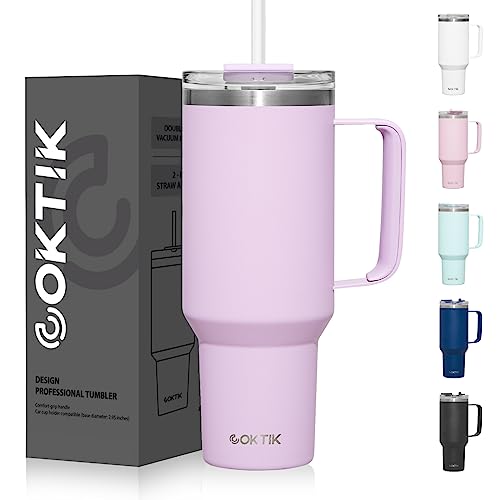 COKTIK 40 oz Tumbler With Handle and Straw Lid, 2-in-1 Lid (Straw/Flip), Vacuum Insulated Travel Mug Stainless Steel Tumbler for Hot and Cold Beverages,Easy to Clean (Lavender)