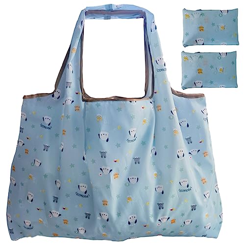 HAPPYHEIDI 2 Pack Large Cute Foldable Reusable Grocery Shopping Bags Beach Totes, Long Handles, Fold-Up Pouch,Heavy Duty, Washable Nylon Cloth, Blue Dogs