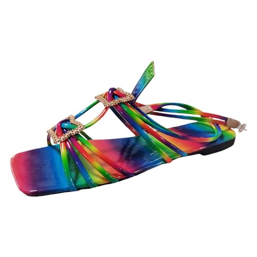 JEUROT Flat Sandals for Women Cute Square Toe Strappy Sandals Summer Casual Ankle Strap Slides Rainbow Sandals Beach Shoes (Red, 9)