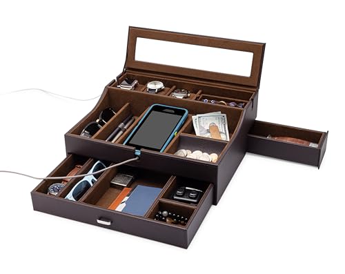 Mens Valet Box Organizer, Large Leather Valet Tray for Men, Mens Valet Tray Organizer with Charging Station, Mens Jewelry Box Organizer for EDC Valet Mens Accessories, Nightstand Bedside Dresser Top