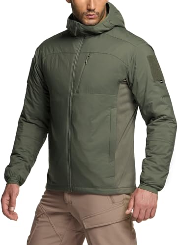CQR Men's Insulated Hooded Tactical Jacket, Lightweight Mid-Layer Warm Hoodie, Water Resistant Full Zip Hiking Work Coat, Lightweight Olive, Medium