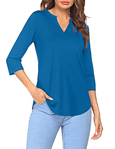 Shirts for Women Work Casual 3/4 Sleeve V Neck Flowy Slight Pleated Work Tops Blouses Blue