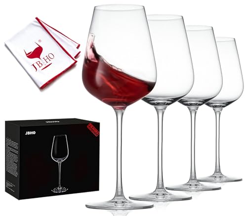 JBHO Hand Blown Italian Style Crystal Bordeaux Wine Glasses - Great Gift Packaging - Red Wine Glasses Lead-Free Premium Crystal Clear Glass - Set of 4-18 Ounce
