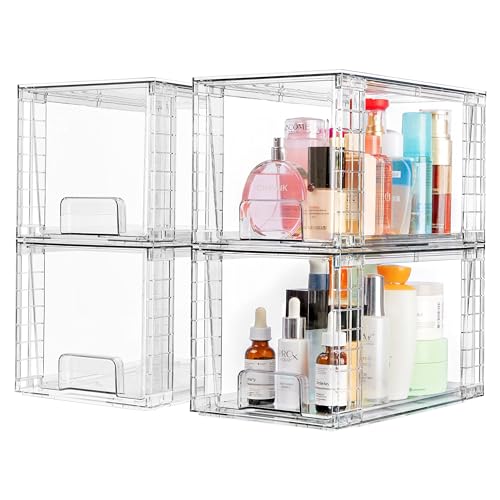 Vtopmart 4 Pack Large Stackable Storage Drawers,Clear Acrylic Drawer Organizers with Handles, Easily Assemble for Bathroom,Kitchen Undersink,Cabinet,Closet,Makeup,Pantry organization and Storage