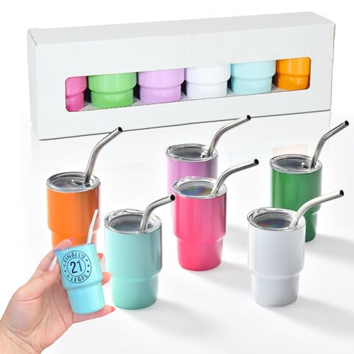 CUPITUP 3oz Mini Tumbler Shot Glass With Straw and Lid, Set Of 6 Mixed Colors Stainless Steel Blank Sublimation Mini Shot Glass Tumblers 3oz for Wedding Birthday Bachelorette Party Favors