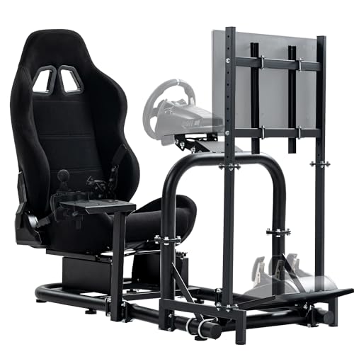 Anman Pro Stability racing simulator cockpit Black Racing Seat Equipped with Display TV Stand fit for race car seat Logitech, Thrustmaster, Fanatec, pc, Xbox, Ps5, Wheel Shifter Pedals NOT Included