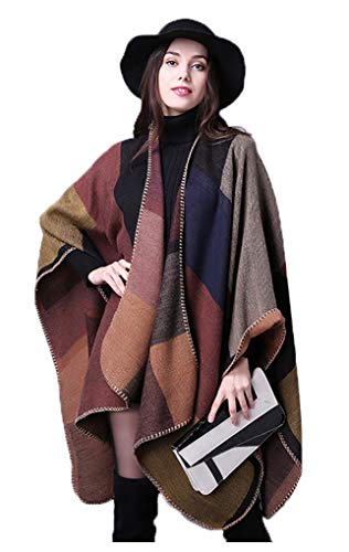 Epsion Women's Color Block Shawl Wrap Plus Size Cardigan Poncho Cape Open Front Long Winter Sweater Coat Khaki