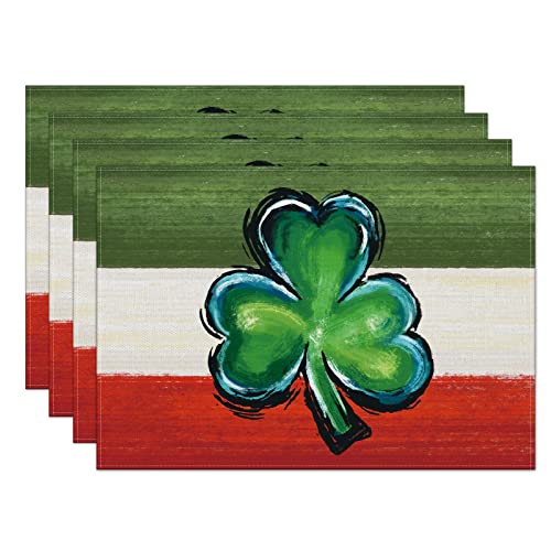 St. Patrick's Day Placemats Set of 4,12x18 Inch Watercolor Shamrock with Ireland Flag Heat-Resistant Place Mats,Green Irish Table Decors for Seasonal Farmhouse Kitchen Dining Holiday Party