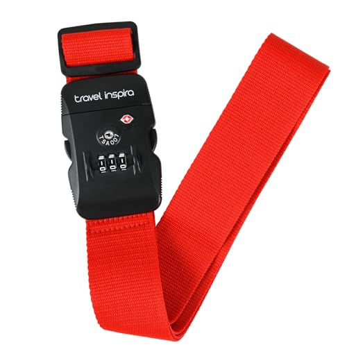 Travel Inspira Luggage Strap with TSA Combination Lock - Adjustable, Easy to Use, Protect Your Luggage, Red