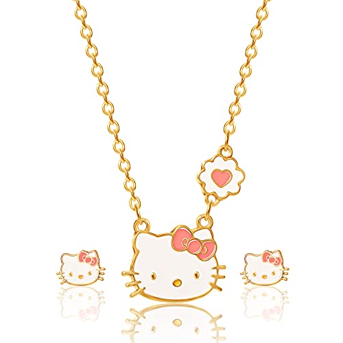 HELLO KITTY Sanrio Girls Jewelry Set - Gold Plated 18+3 Necklace and Stud Earrings Officially Licensed (Pink)