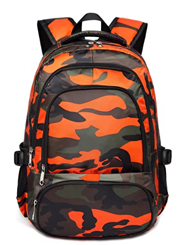 BLUEFAIRY Kids Backpack Boys Elementary School Bags Primary Middle School Book Bags for Teens Sturdy Waterproof Lightweight Durable Travel Gifts 17 Inch Ages 6-12 (Camo Orange)