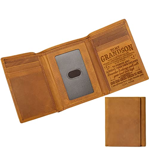 Engraved Leather Wallets for Grandson Tri-fold Wallet for Men Gifts To My Grandson from Grandma Nana (You Are Never Alone from Nana)