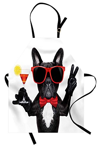 Lunarable Funny Apron, French Bulldog Holding Martini Cocktail Ready for the Party Nightlife Joy Print, Unisex Kitchen Bib with Adjustable Neck for Cooking Gardening, Adult Size, White Black