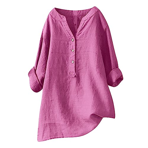 My Orders Overstock Items Clearance All Prime Womens Cotton Linen top 3/4 Length Sleeve Womens Tops Short Sleeve Blouses for Women Dressy Casual v Neck t Shirts Womens Button Down Tops Hot Pink-5 M
