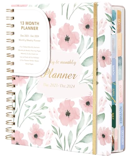 Hardcover 2023-2024 Planner Weekly and Monthly Academic Year Agenda Planner Large 13 Month Spiral Daily Planner 2024 for Women (Dec 2023-Dec 2024) 8.3' X 9.3' Calendar with Sticker Beauty Gift, Pink