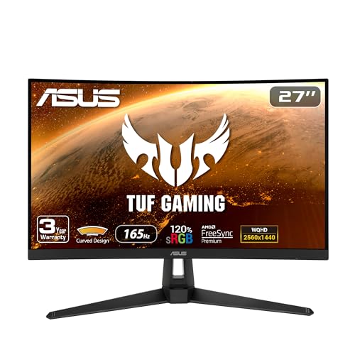 ASUS TUF Gaming 27' 1440P HDR Curved Monitor (VG27WQ1B) - QHD (2560 x 1440), 165Hz (Supports 144Hz), 1ms, Extreme Low Motion Blur, Speaker, FreeSync Premium, VESA Mountable, DisplayPort, HDMI , BLACK