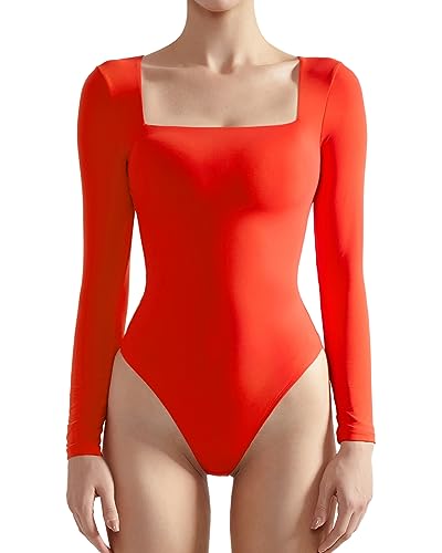SUUKSESS Women Long Sleeve Bodysuit Sexy Square Neck Thong Body Suit Shirts Top for Fall and Winter (Red, M)