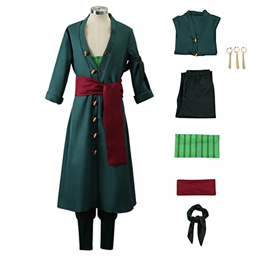 GWOKDAN Men Anime Kimono Roronoas Cosplay Costume Robe Zoro Cloak Uniform Halloween Outfits With Earrings(L,Dark green)