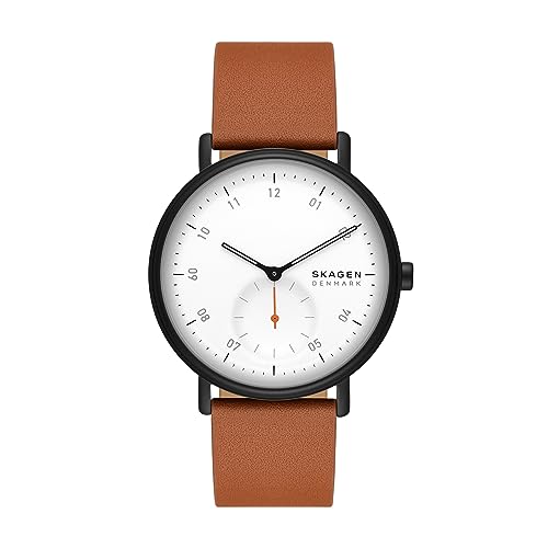 Skagen Men's Kuppel Two-Hand Sub-Second Black Stainless Steel and Brown Leather Band Watch (Model: SKW6889)