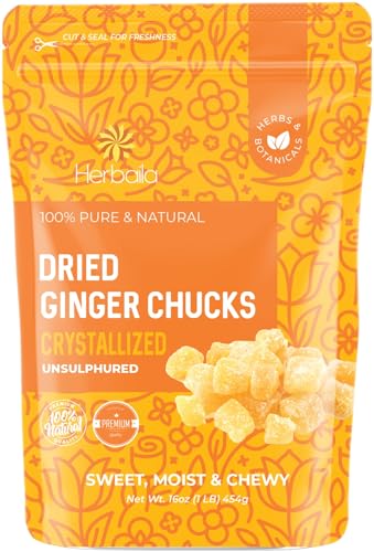Dried Crystallized Ginger Chunks, 16 oz. Unsulphured Dried Ginger Candy, Candied Ginger Chunks, Caramelized Ginger Chews Candy, Unsulphured Crystalized Ginger Pieces. All Natural, Non-GMO, 1 Pound.