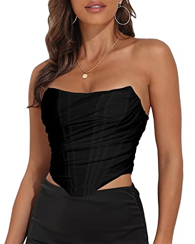 Women's Vintage Strapless Open Back Boned Mesh Bustier Zip Back Corset Bodyshaper Crop Top