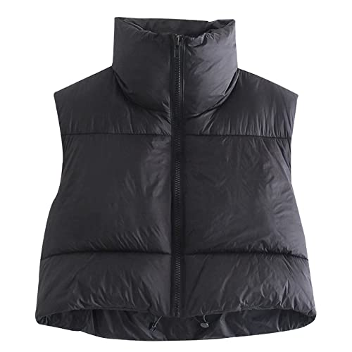 Ainangua Women's Crop Padded Vest Stand Collar Lightweight Sleeveless Puffer Zip Up Gilet Outerwear(Black,S)