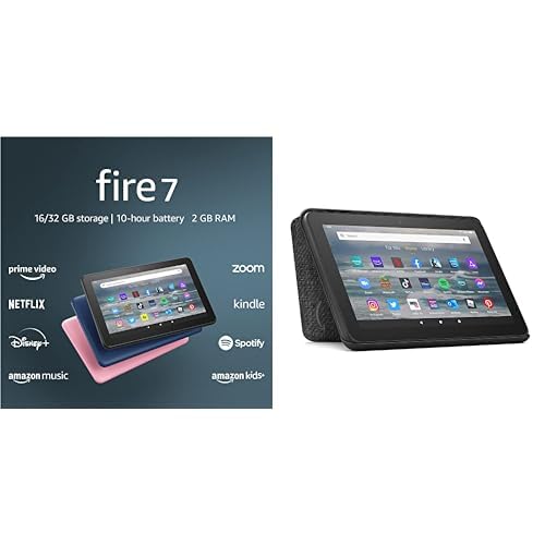 Certified Refurbished Fire 7 tablet, 7” display, 32GB (Black, 2022 release) + Amazon Standing Cover