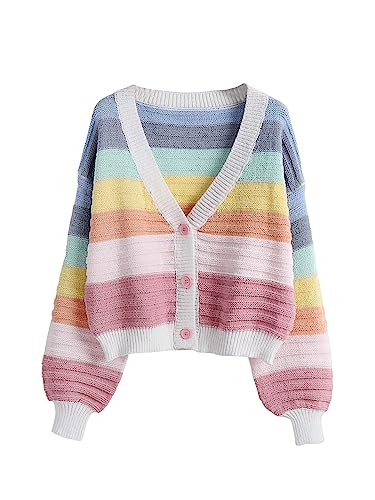 SweatyRocks Women's Color Block V Neck Button Front Knit Cardigan Sweater Outerwear Rainbow S