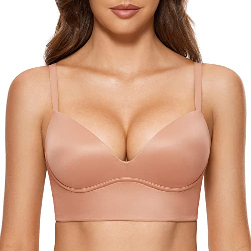 DOBREVA Women's Push Up Wireless Bra Padded T Shirt Bras No Underwire Plunge Bralette Cream Coffee 36DD