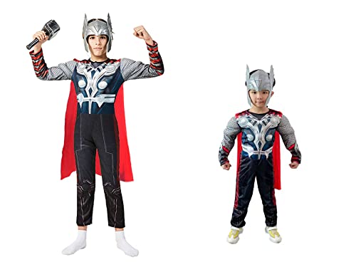 SOLFEJ Children's superhero Thor costume Classic Muscle Costume Suit,Includes headpiece, hammer, cape (Grey, Small)