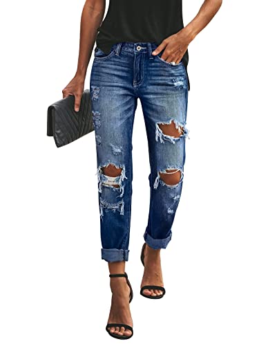 KUNMI Women's Ripped Mid Waisted Boyfriend Jeans Loose Fit Distressed Stretchy Denim Pants